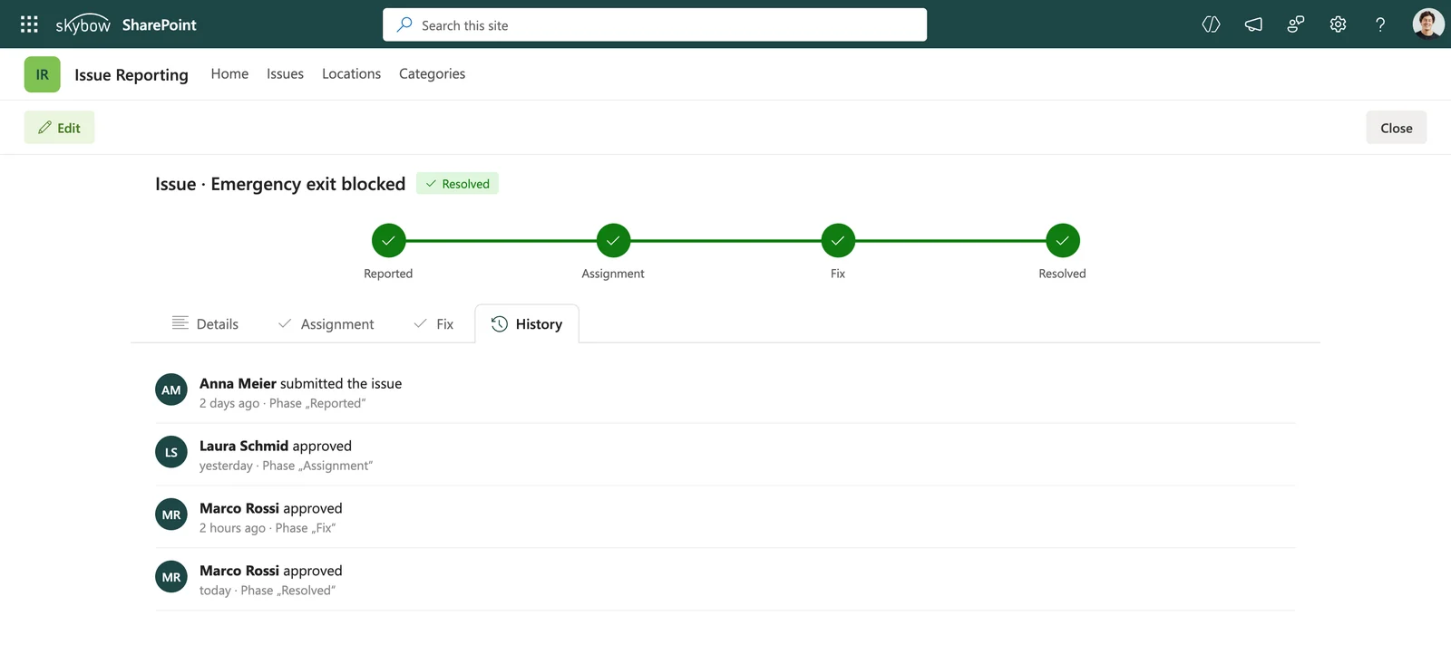 History of a resolved issue showing who reported, assigned and fixed it