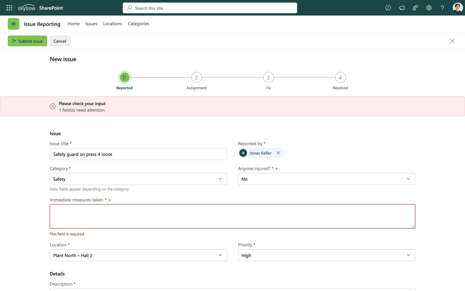 New issue form in SharePoint: the category Safety shows extra required fields, and an empty required field is marked in red