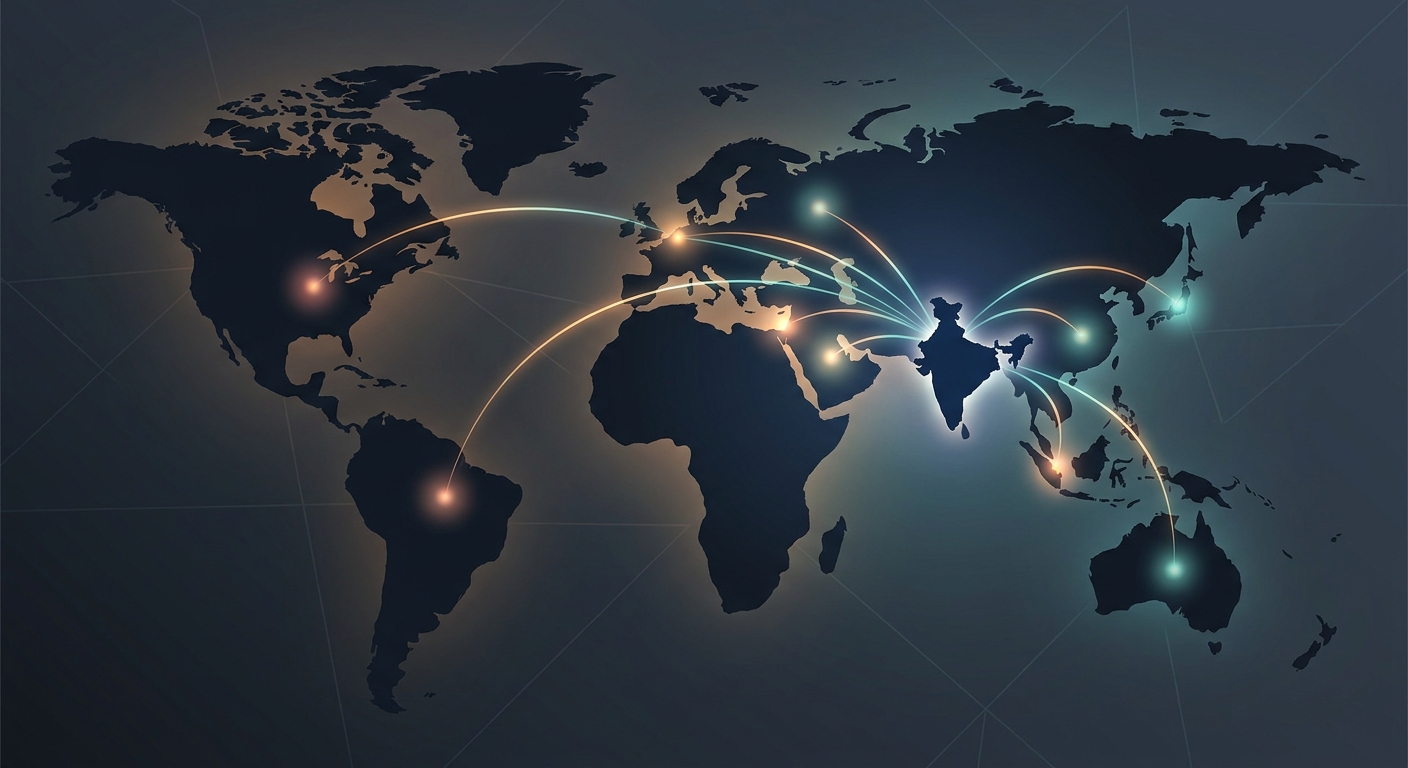 World map showing India as a global hiring hub with connections to international recruitment markets
