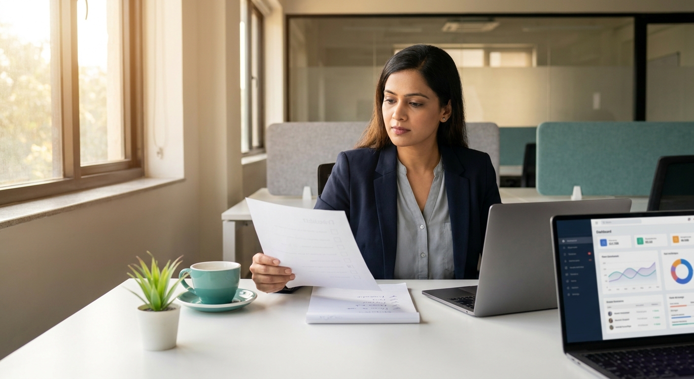 TA leader using AI resume screening evaluation checklist to compare vendor tools in a corporate office