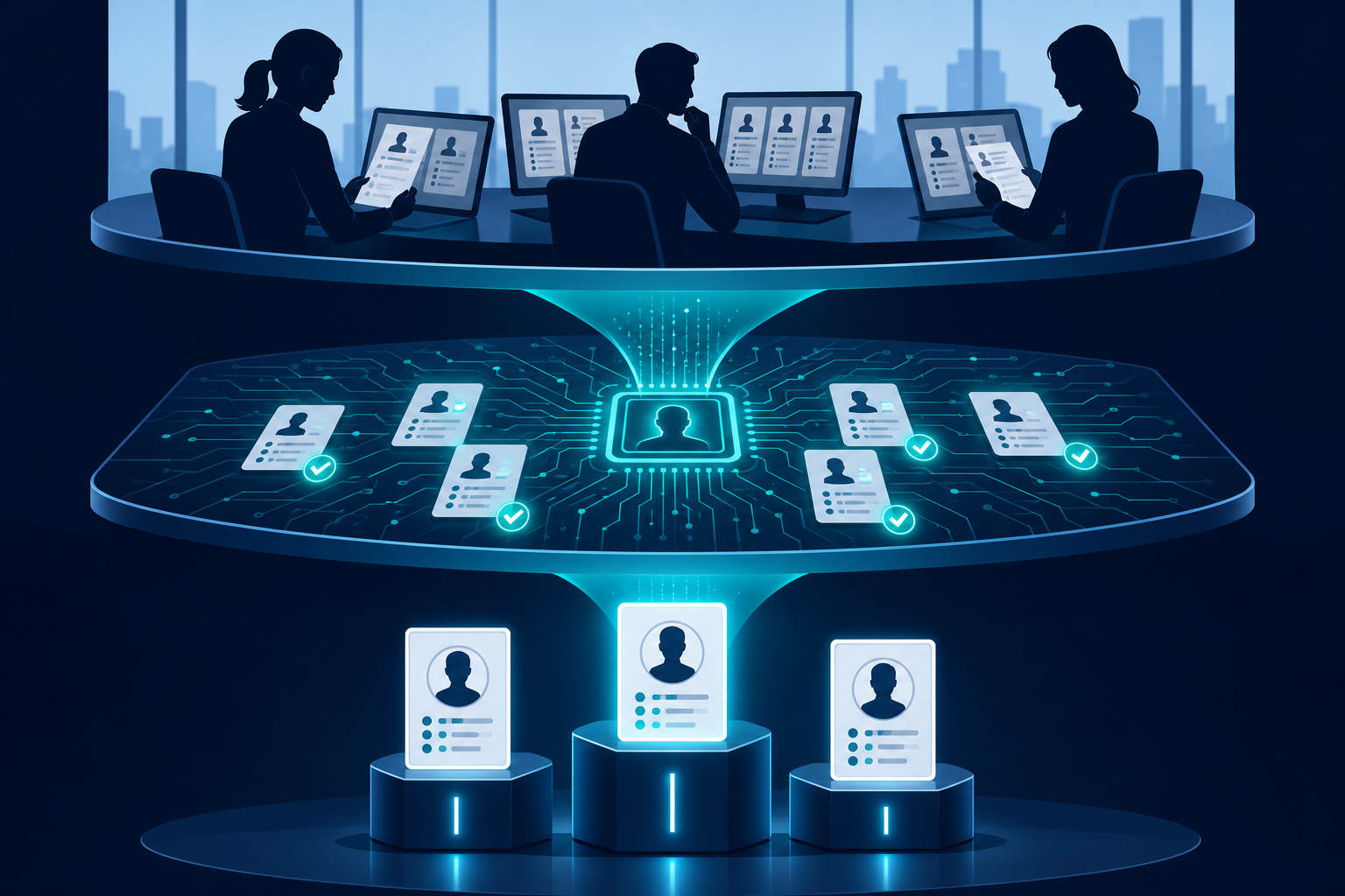 3-level candidate screening process showing agency pre-screen, AI validation, and stack ranking funnel