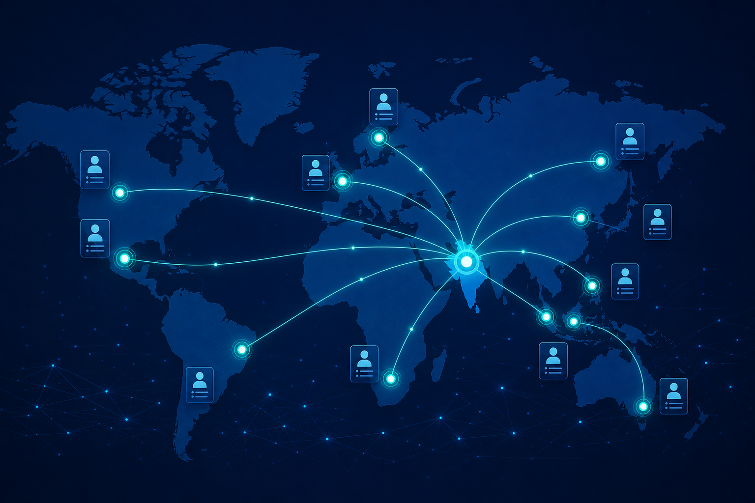 global candidate screening network across 33 countries with India as central hub for talent acquisition