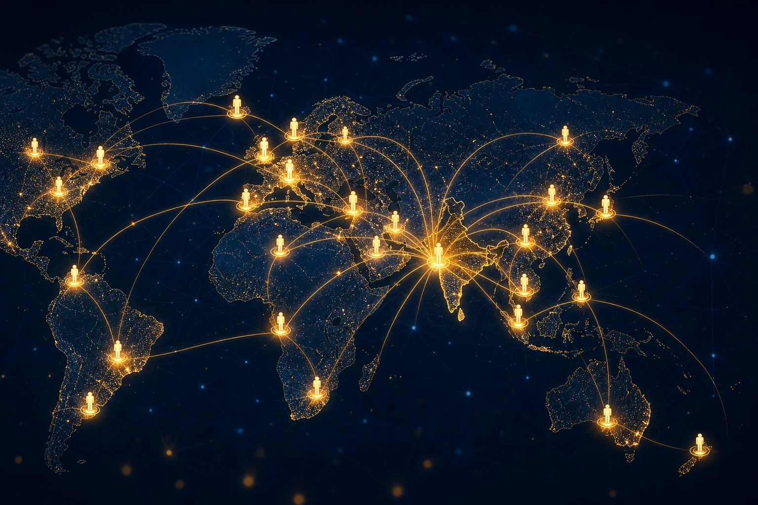 Global network map showing specialist recruiter connections across cities in Asia, Europe, the Middle East, and the Americas