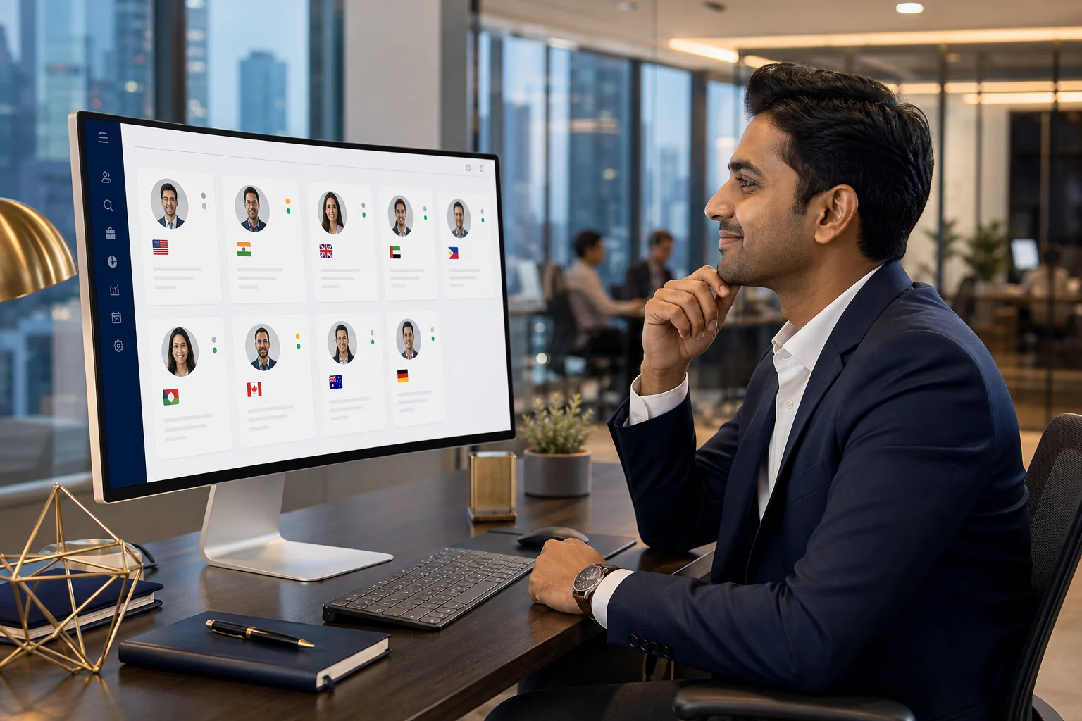 HR professional in India finalizing a niche overseas hire on a unified recruitment platform dashboard