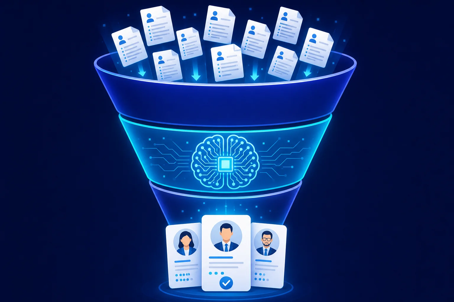 Three-level candidate screening funnel showing AI validation and human review stages for niche overseas roles