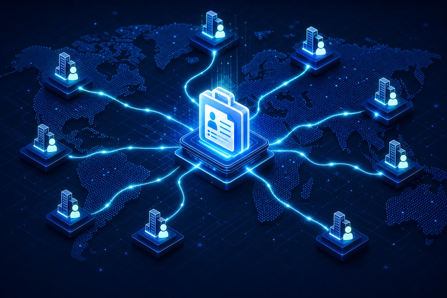 AI-powered platform connecting a single job brief to multiple specialist recruiting agencies across a global map