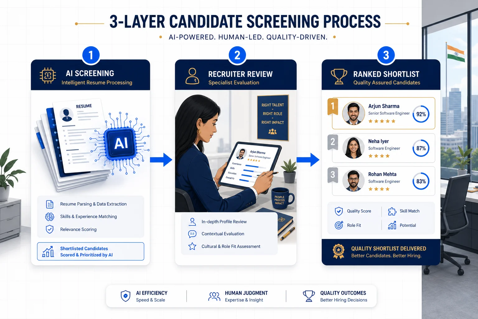 Three-layer AI and human candidate screening process for enterprise hiring in India