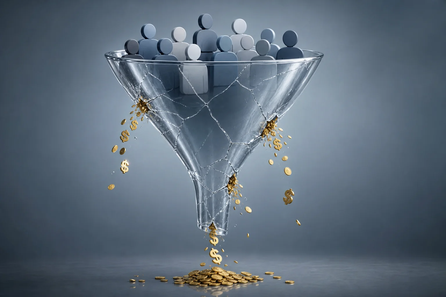 Cracked recruitment funnel with resources leaking out, representing poor recruitment ROI