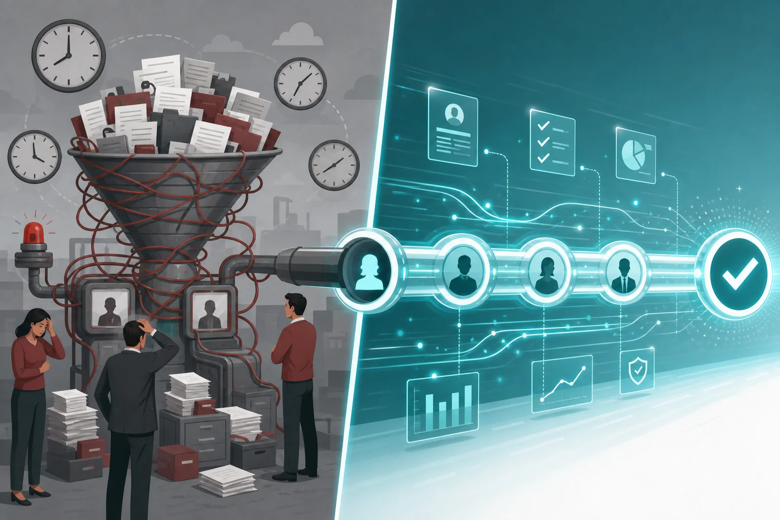 Comparison of slow fragmented hiring process versus fast AI-powered streamlined recruitment pipeline for global roles