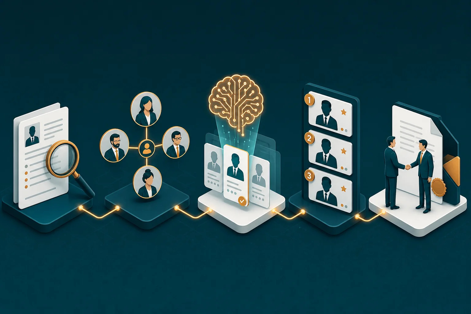 Step-by-step leadership hiring workflow showing specialist recruiter matching, AI screening, and shortlist delivery without retainer fees