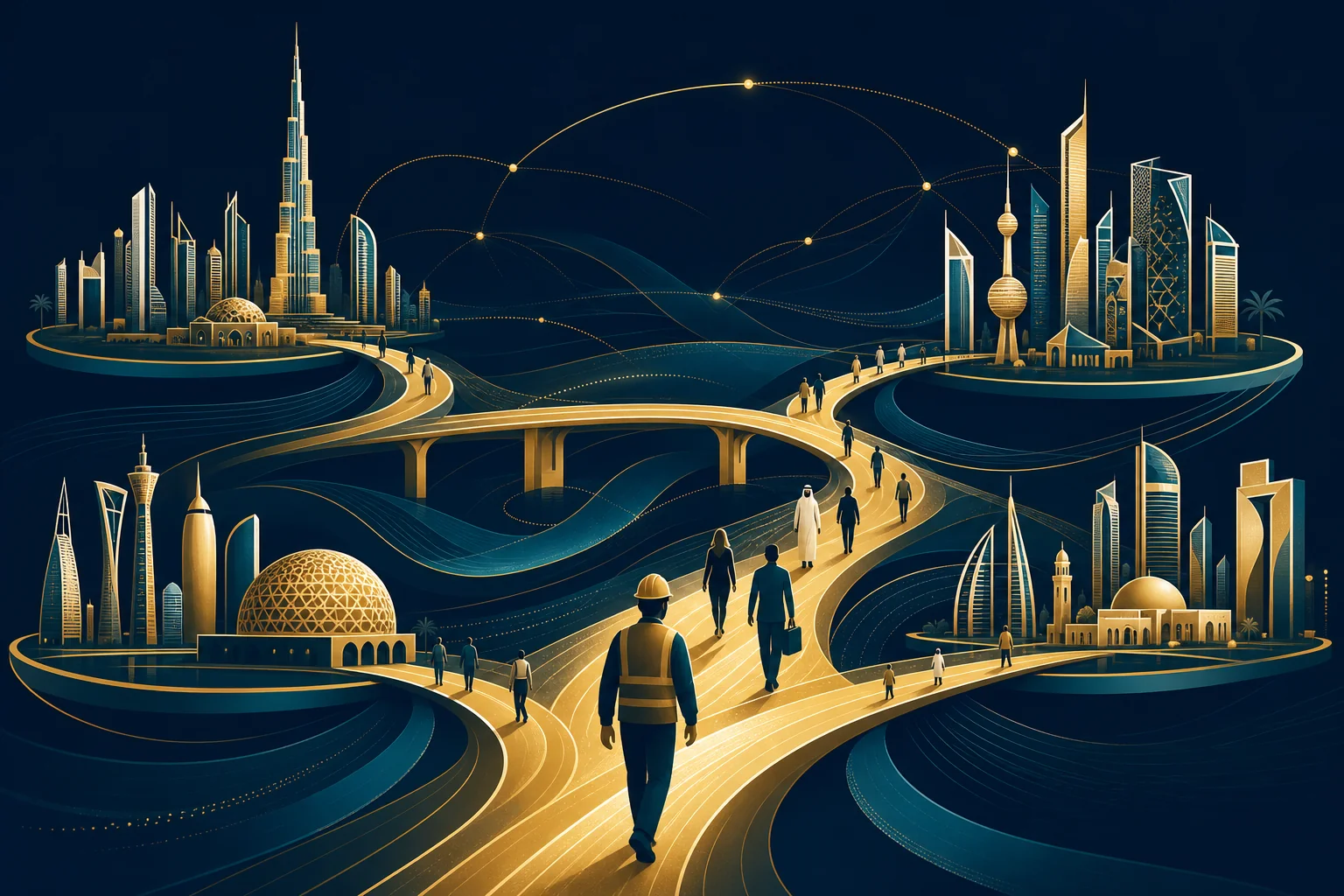 Abstract illustration of worker mobility pathways and kafala reform across Gulf city skylines