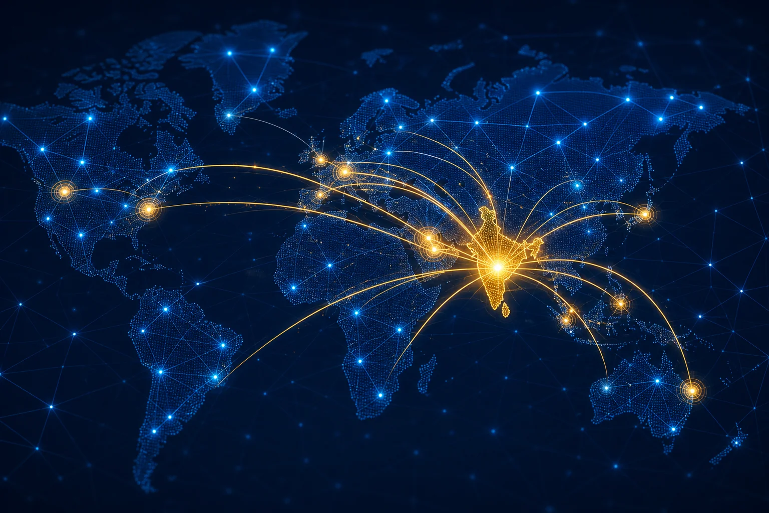 Global network map showing India as a central hub with talent connections radiating to pharmaceutical markets in Europe, North America, and Southeast Asia