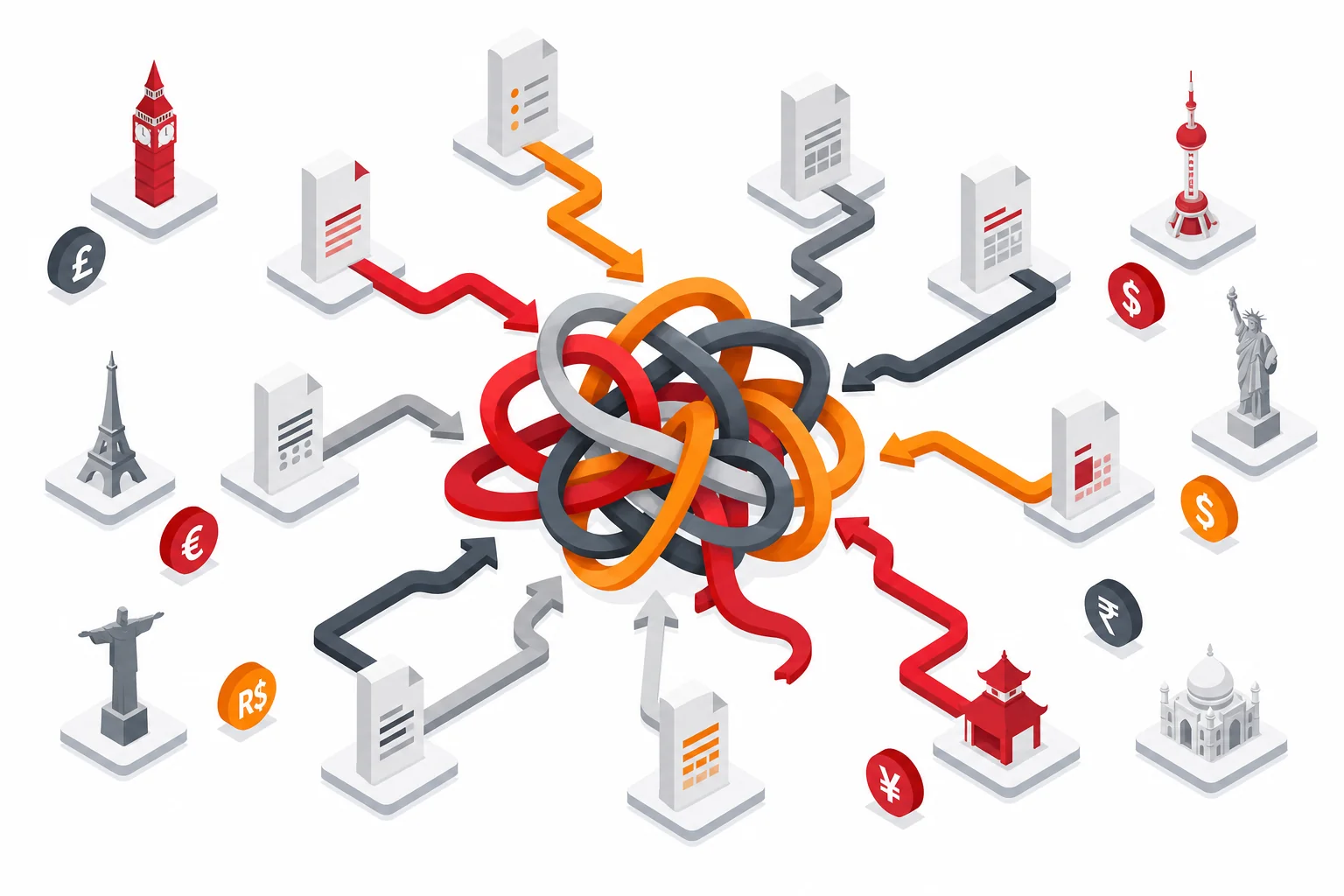 Fragmented multi-country recruitment billing stack showing multiple agency invoices flowing into a chaotic reconciliation process
