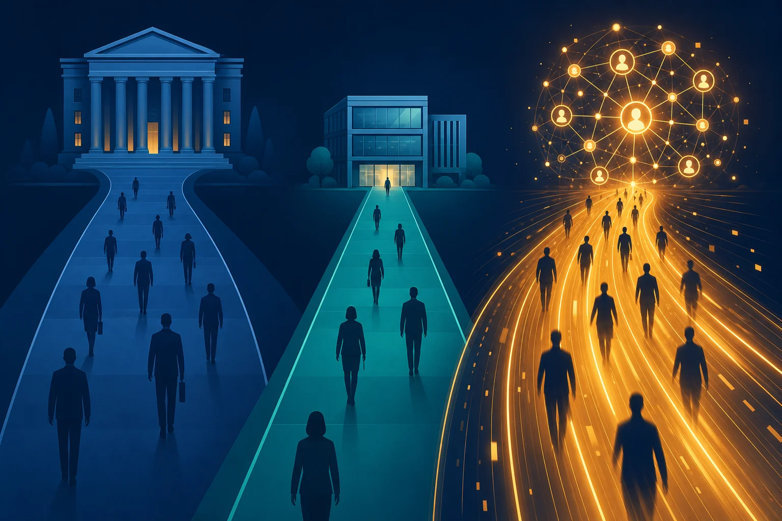 Comparison of three executive search models: large search houses, boutique specialist firms, and AI-powered recruitment marketplaces