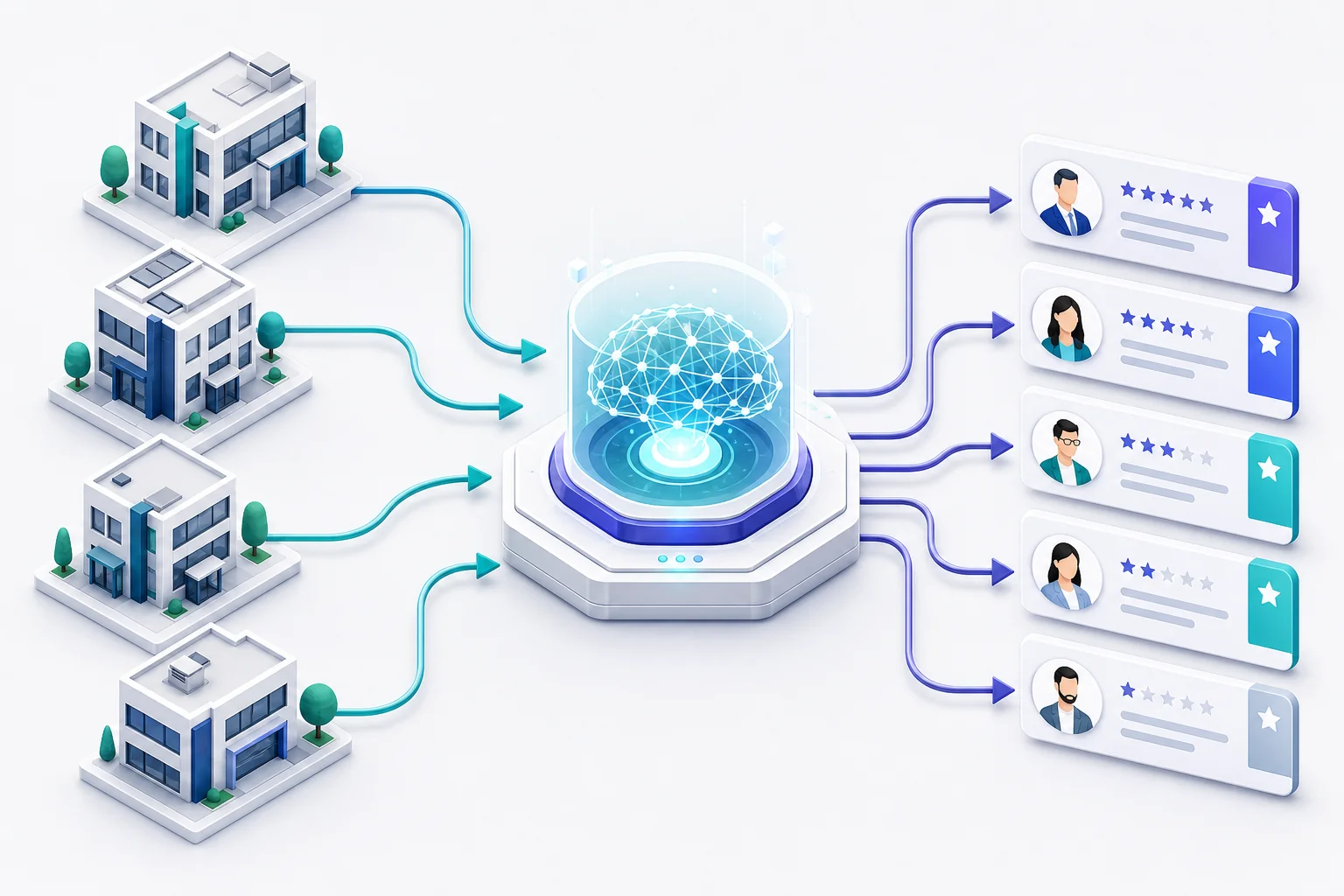 Unified recruitment platform workflow showing specialist agencies feeding into a single AI-powered hiring pipeline