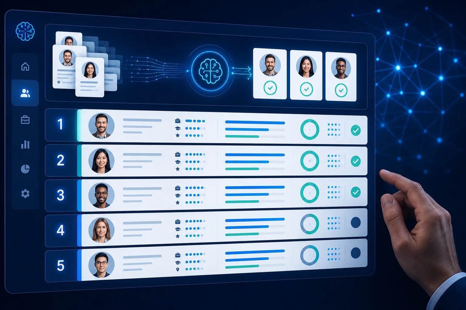 AI-powered candidate screening dashboard on a recruitment marketplace platform showing ranked shortlists