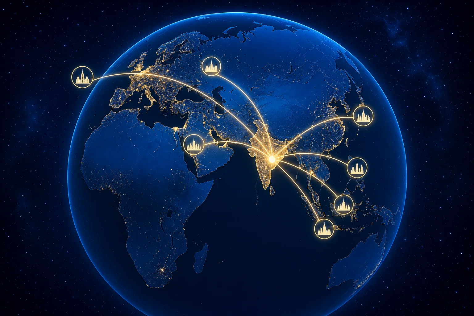 Stylised globe centred on India with glowing connection lines extending to tech hiring markets in Southeast Asia, Middle East, Europe, and North America