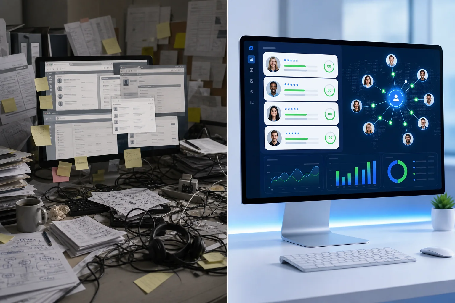 Split image contrasting chaotic multi-agency vendor management with a clean AI-powered recruitment marketplace dashboard for tech hiring