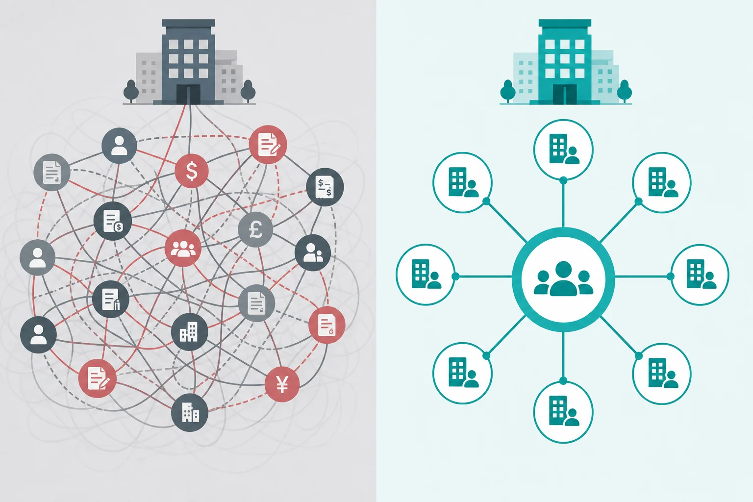 Side-by-side comparison of traditional multi-agency recruitment model versus a single-platform pay-on-hire marketplace showing complexity versus simplicity