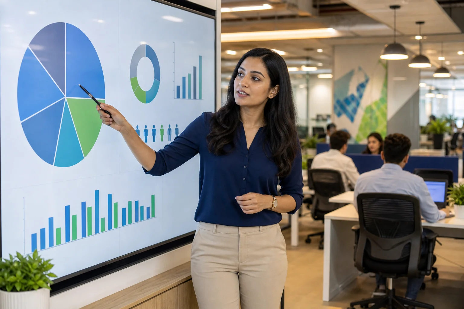 Talent acquisition professional calculating true cost-per-hire on a digital dashboard in a modern Indian corporate office