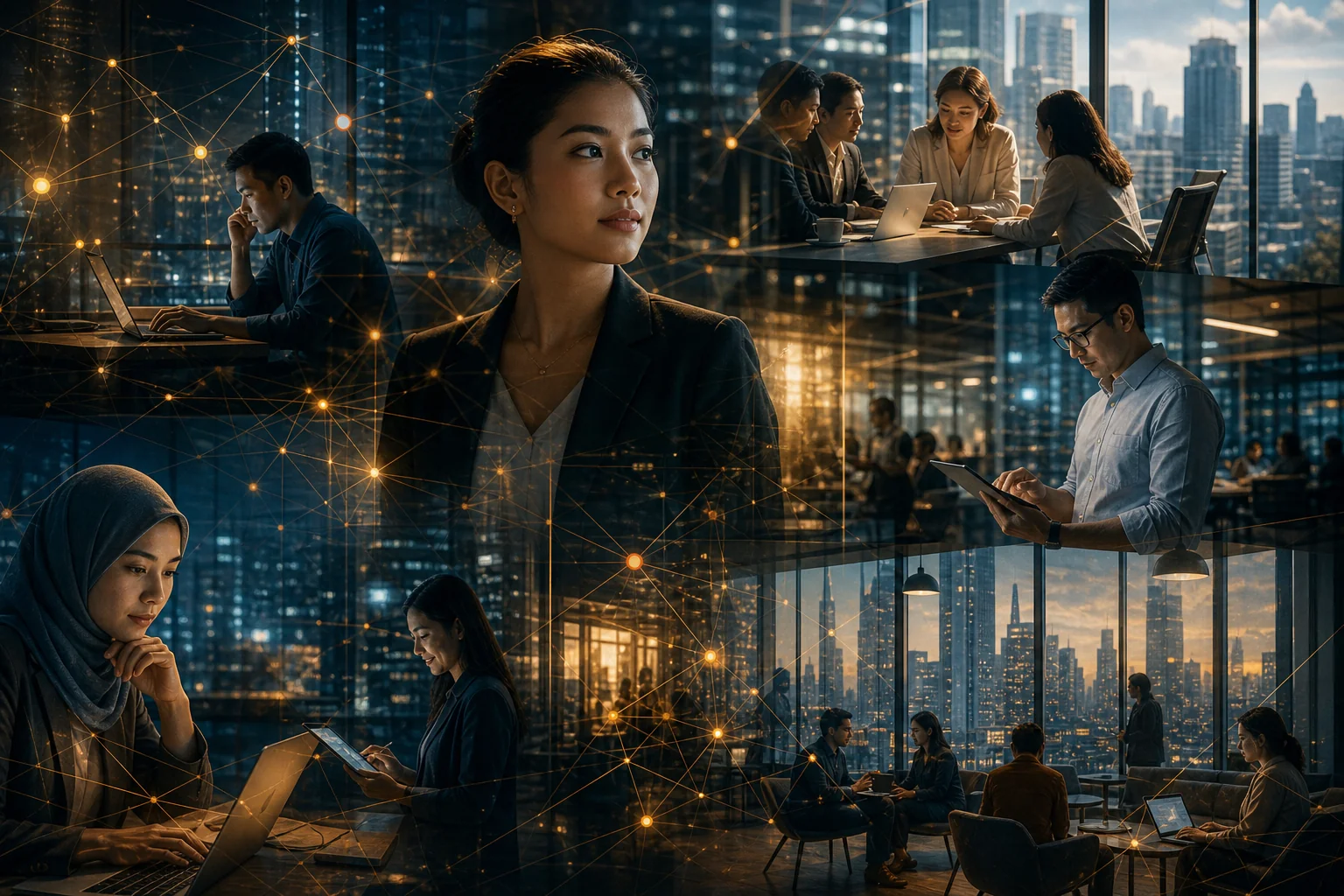 Professionals working in Southeast Asian offices representing passive talent pools accessible through specialist recruiting agencies