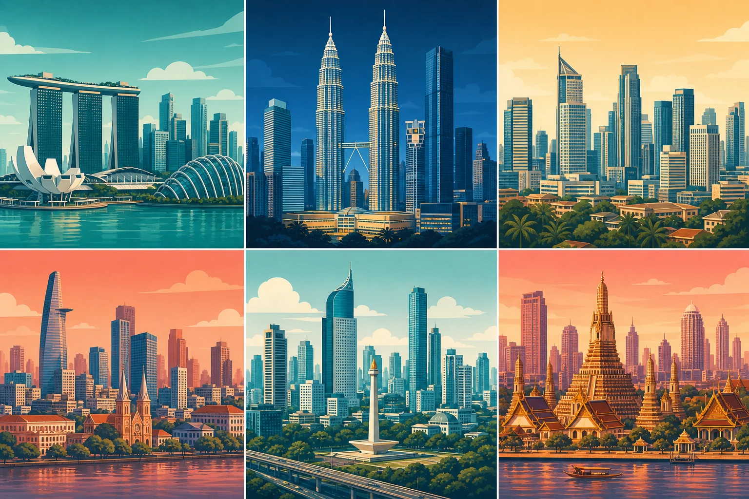 Six Southeast Asian city skylines representing distinct talent markets: Singapore, Kuala Lumpur, Manila, Ho Chi Minh City, Jakarta, and Bangkok