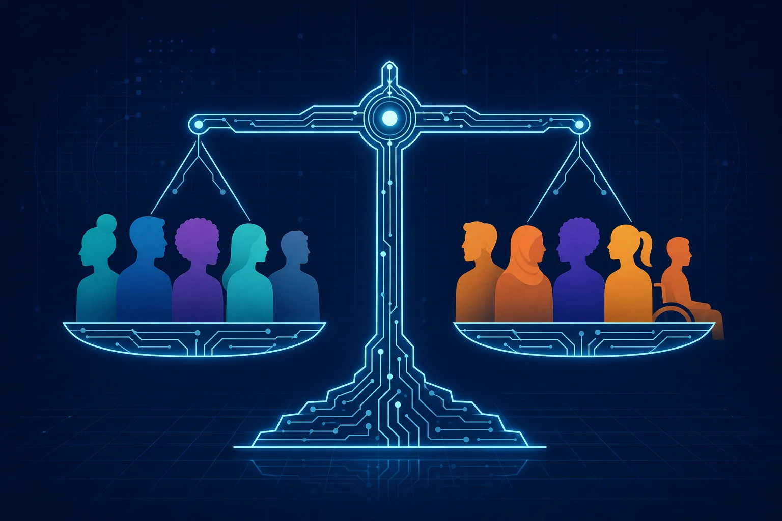 Balanced scale made of circuit board lines with diverse candidate silhouettes, representing fairness and bias mitigation in AI hiring algorithms