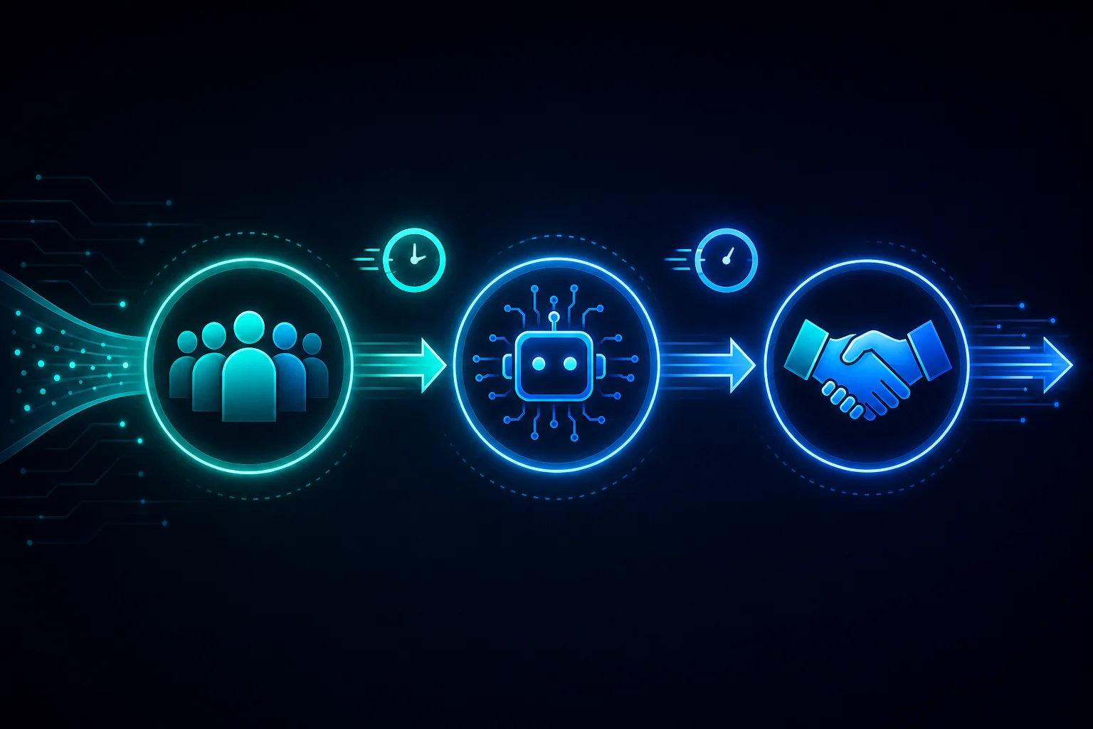 Recruitment pipeline flowchart showing three stages of sourcing, AI screening, and interview with speed indicators, illustrating time savings in hiring