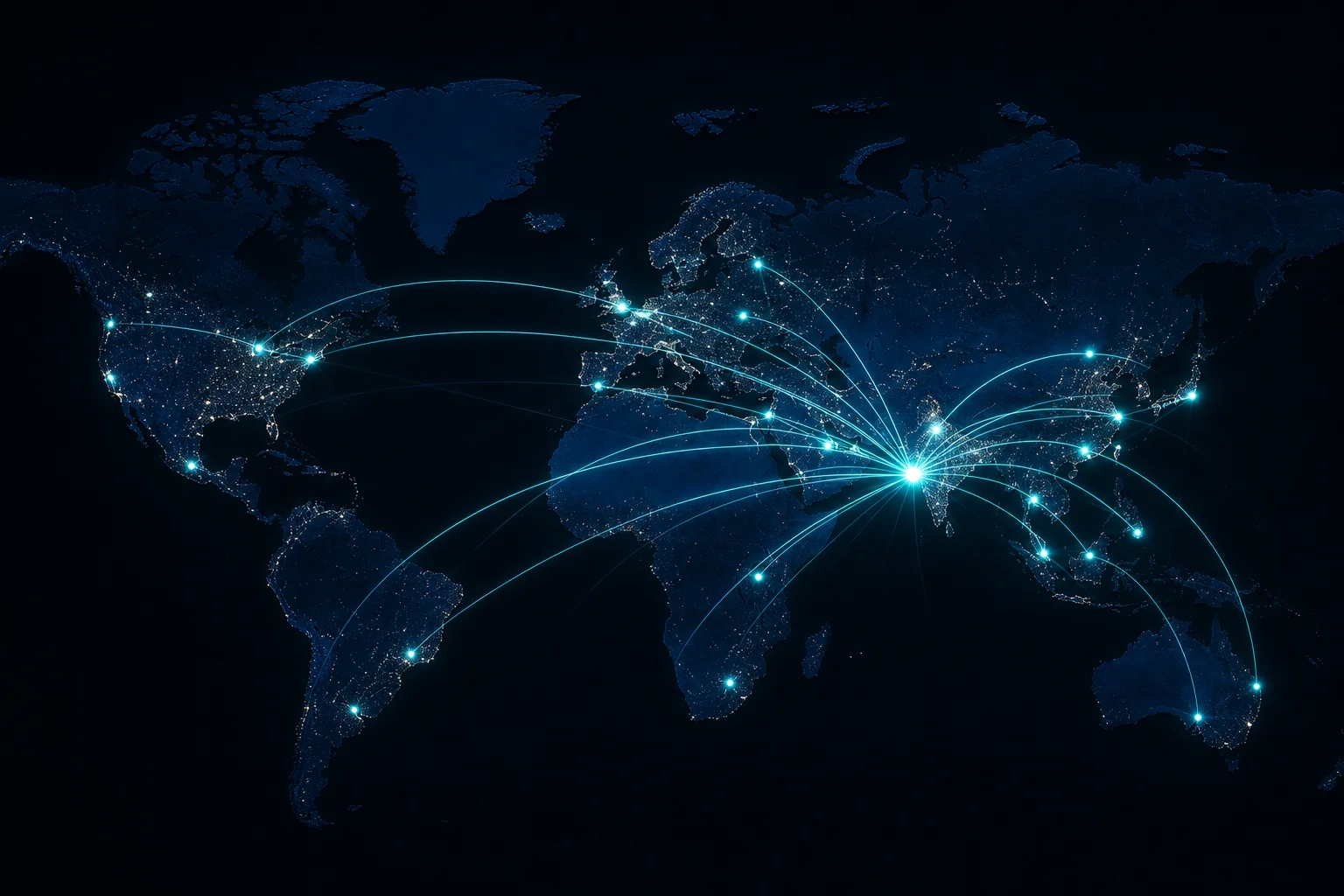 Global hiring network map showing India as the central hub connecting to recruitment markets across EMEA, APAC, and the Americas