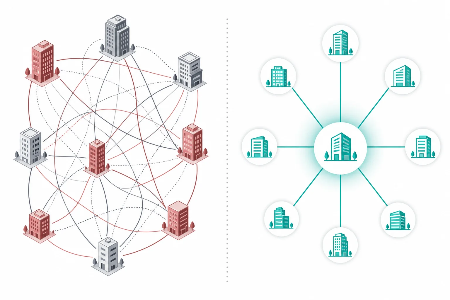 Side-by-side comparison of traditional multi-agency recruitment model versus a single-contract pay-on-hire marketplace