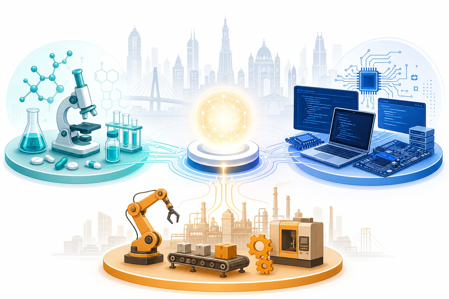 Three industry sectors, pharmaceutical, technology, and manufacturing, connected to a central recruitment platform hub with global reach