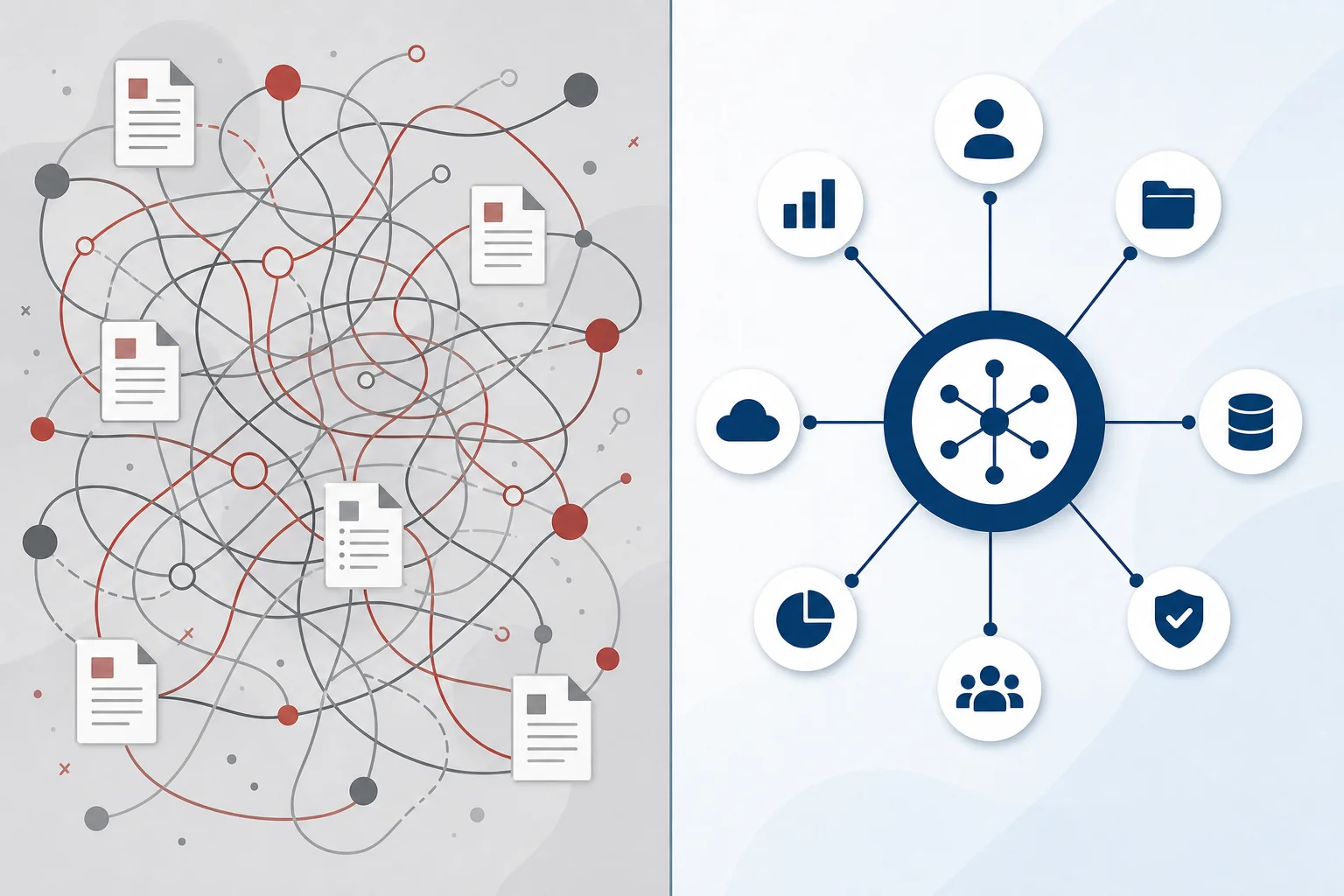 Split illustration contrasting chaotic multi-vendor recruitment management on the left with a clean single-platform approach on the right