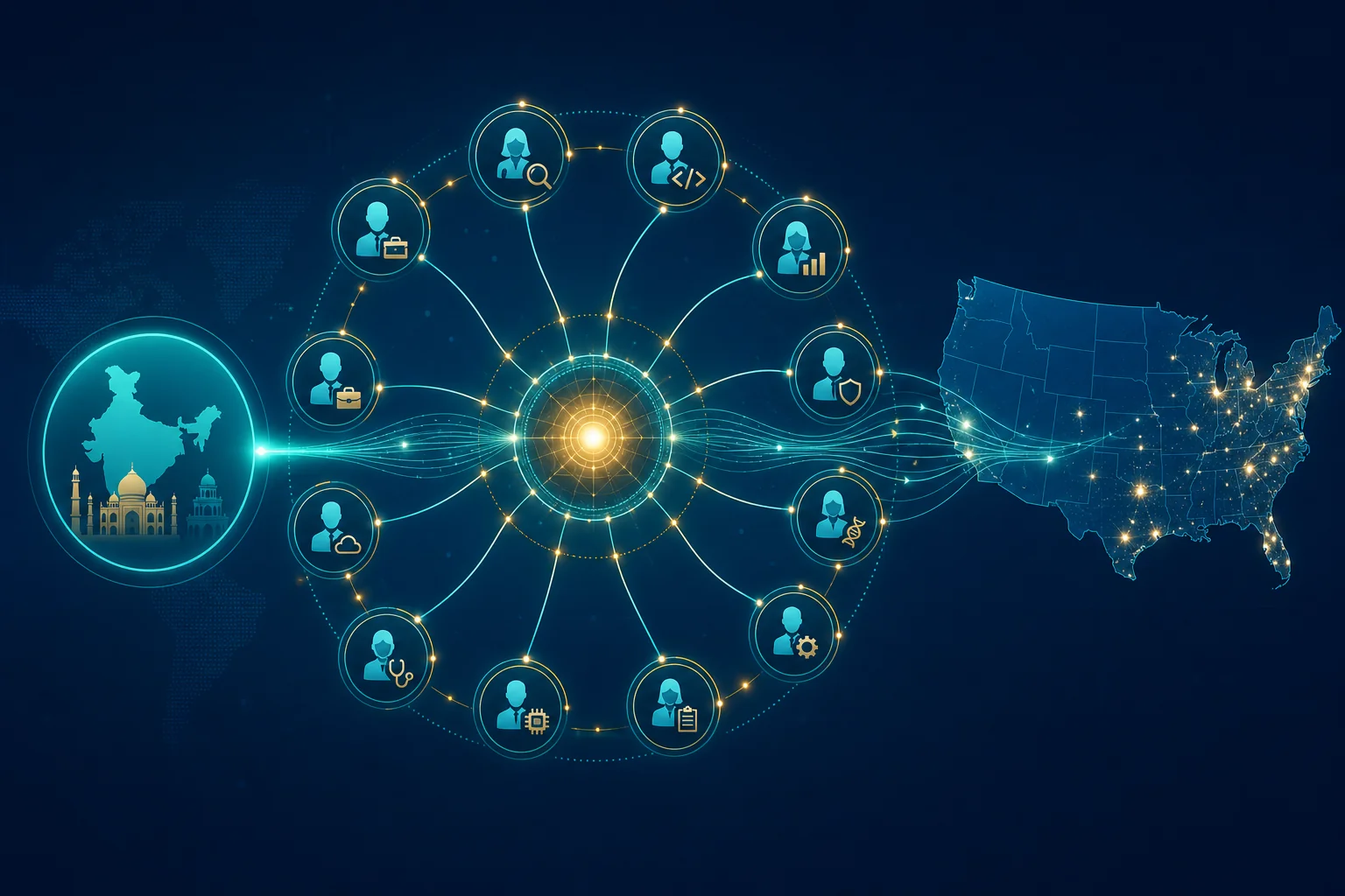 Connected network of specialist recruiting firms routing US job requirements from an Indian company through an AI-powered talent acquisition platform