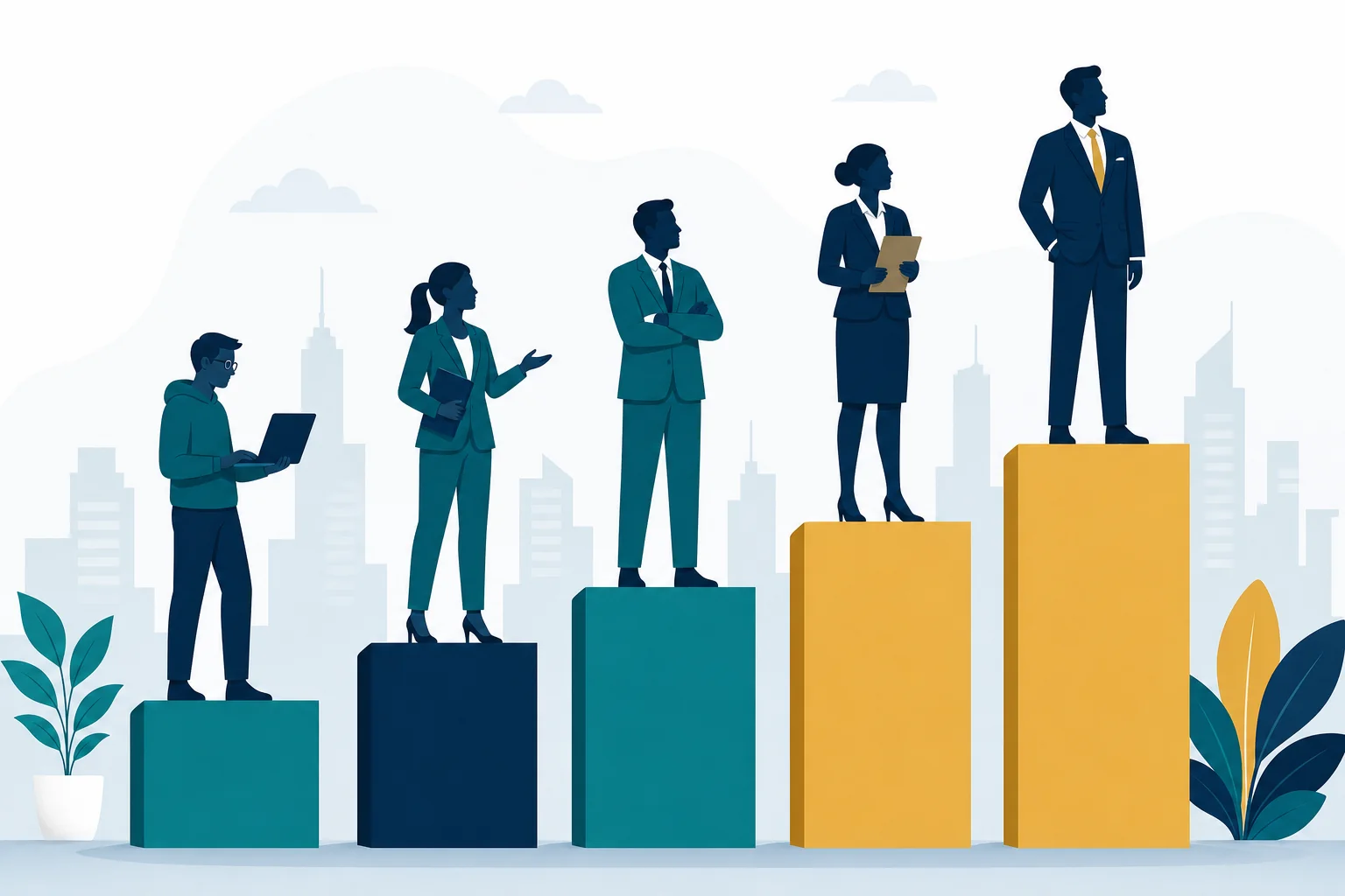 Illustration of five professional roles at increasing salary levels representing US compensation benchmarks for Indian companies hiring in the USA