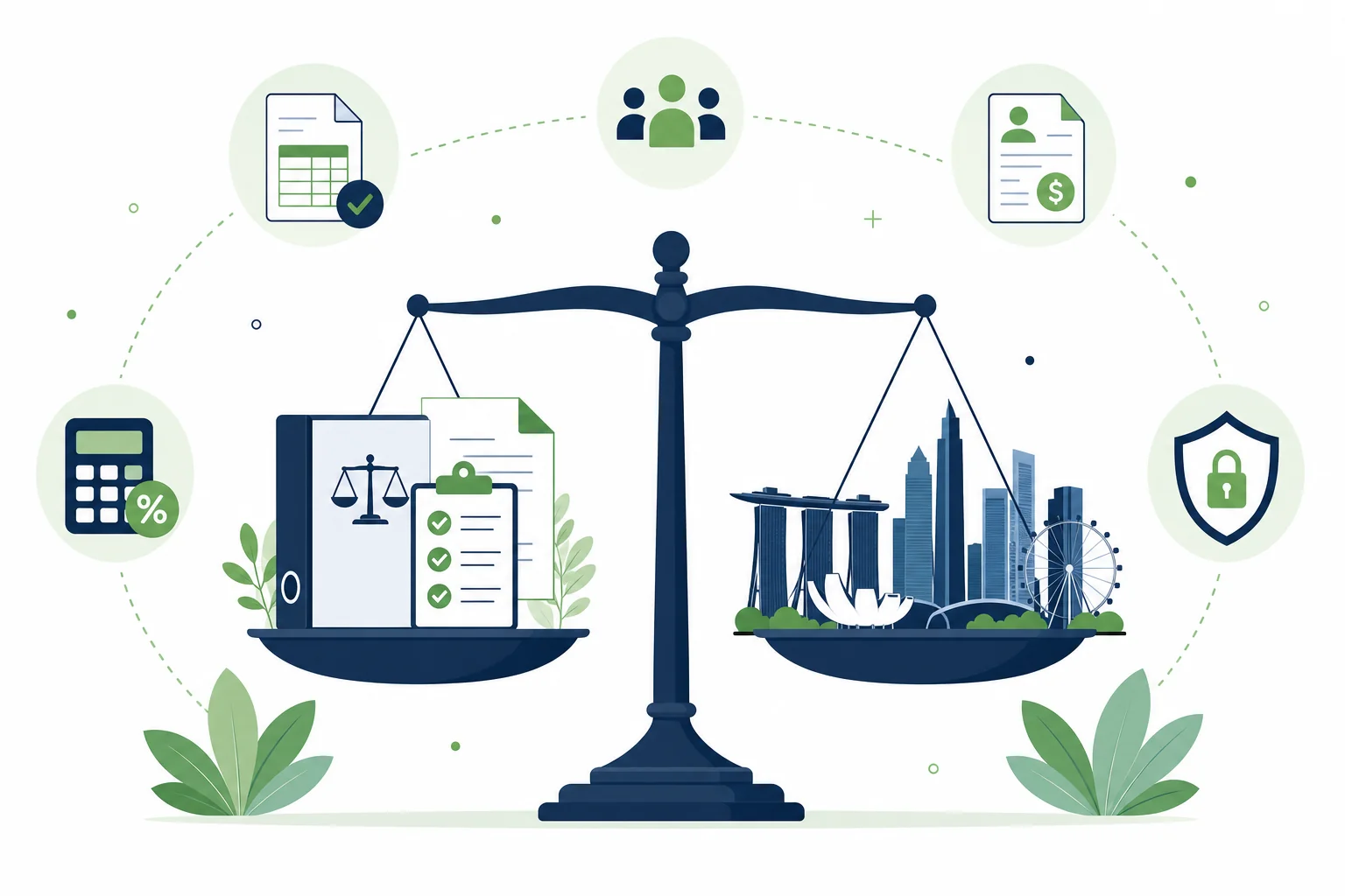 Singapore compliance and payroll complexity visual showing balanced regulatory environment for foreign employers