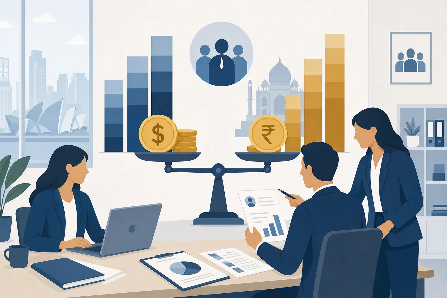 Salary benchmarking comparison chart for Australian roles showing AUD and INR equivalents for Indian companies hiring in Australia