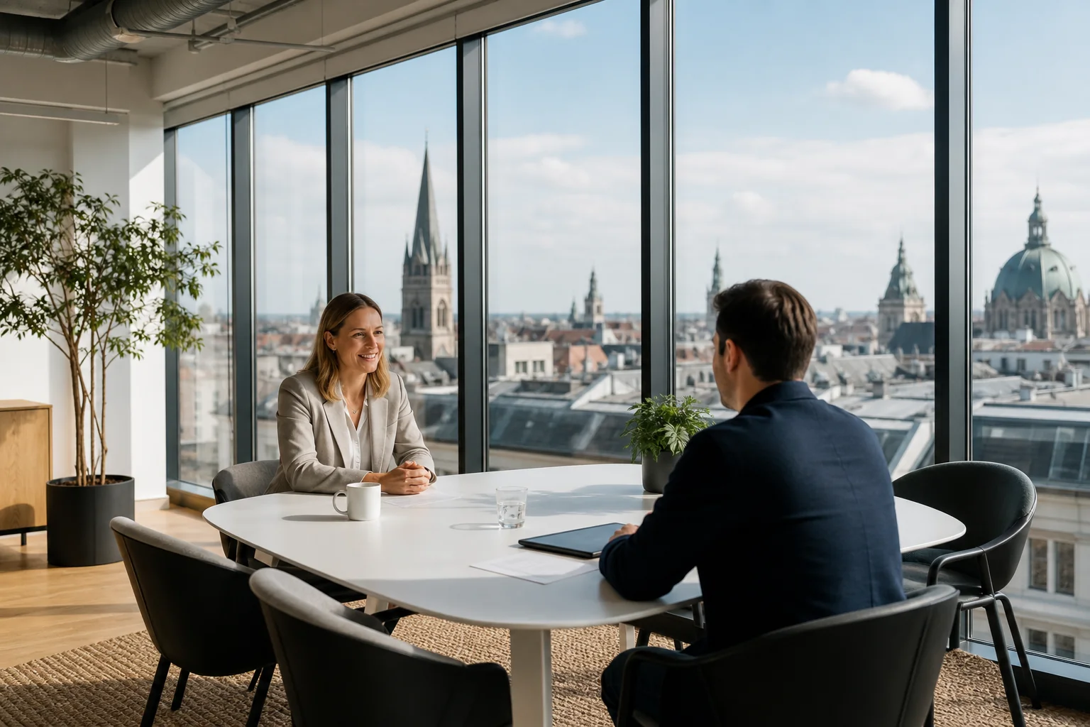Professional interview in a modern Dutch office with open collaborative workspace