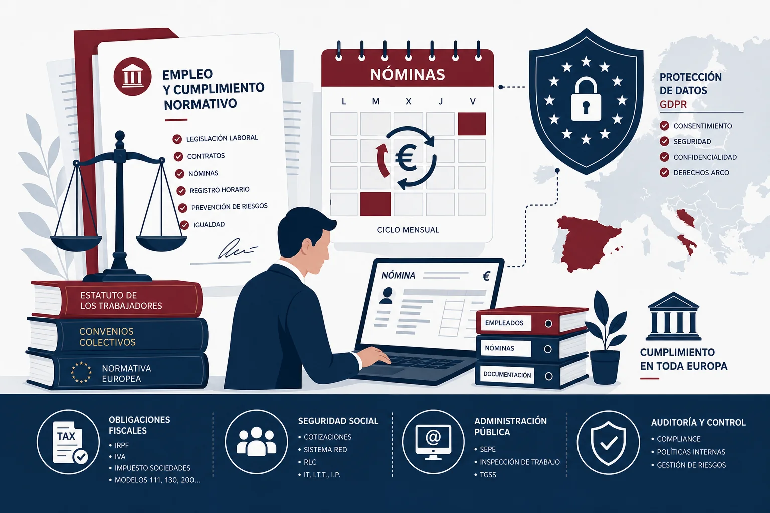 Compliance and payroll complexity illustration for Spain, showing legal documents, data protection shields, and payroll calendar elements
