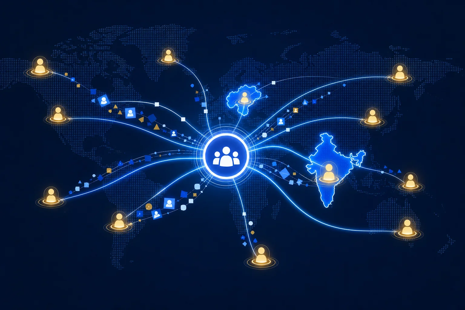 Global recruitment network illustration showing AI-powered connections between India and Hungary for specialist talent sourcing