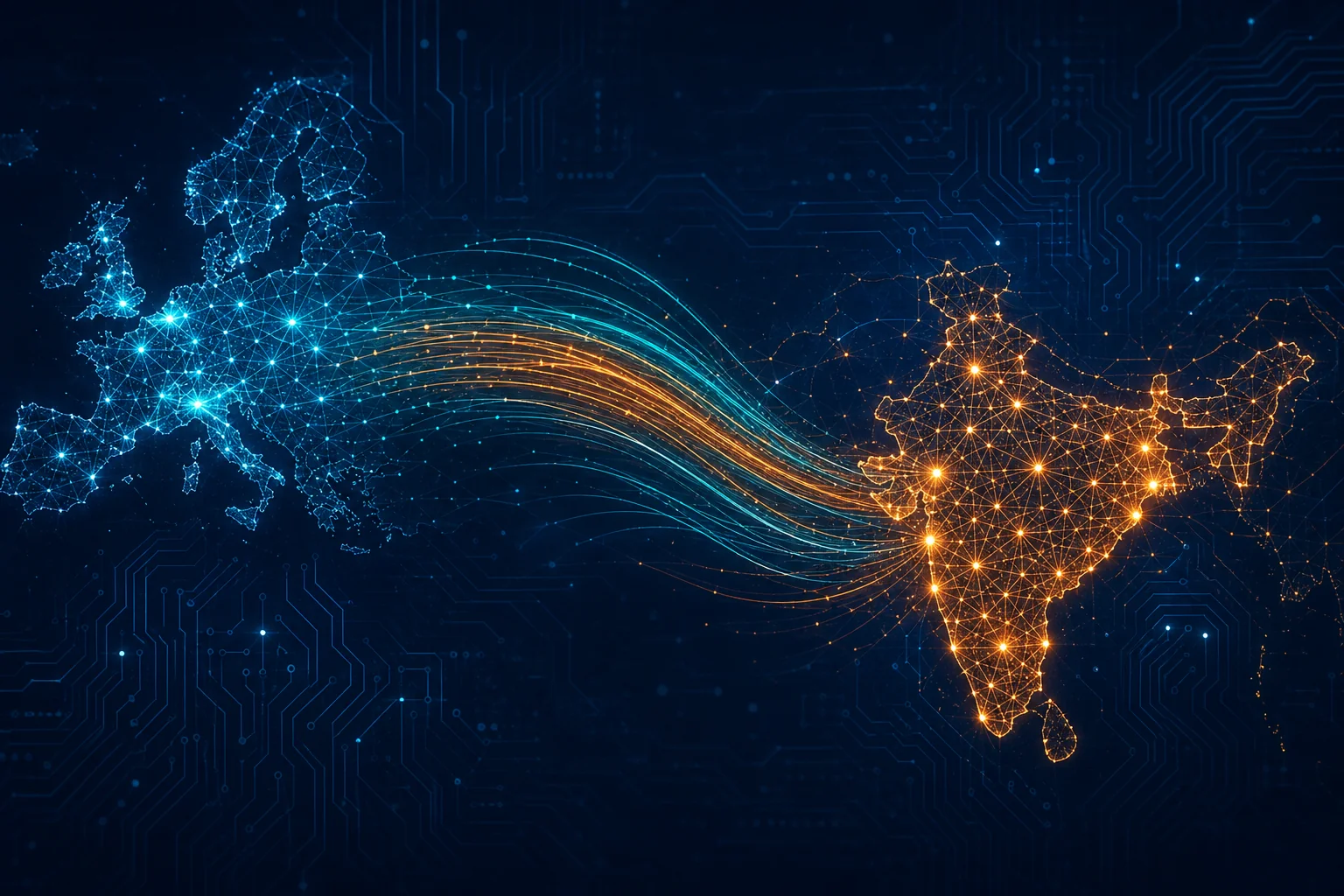 Global recruitment network visualization connecting India to Belgium through an AI-powered talent marketplace platform