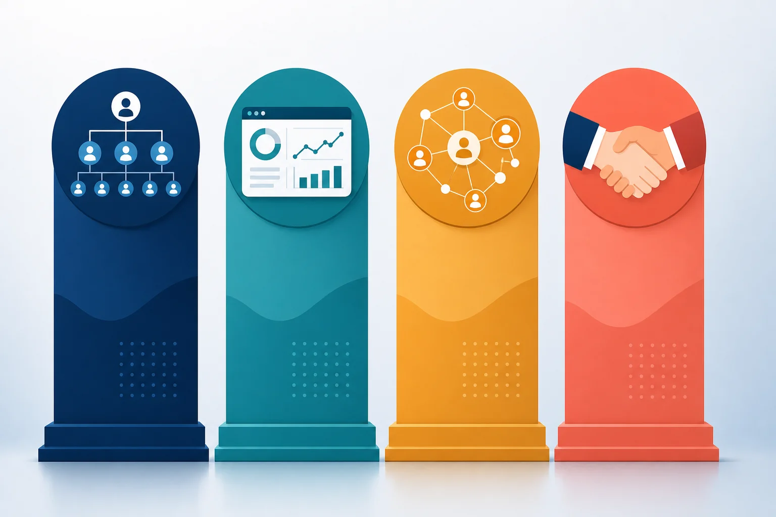 Four distinct recruitment outsourcing models illustrated as separate pillars: RPO, managed service, recruitment marketplace, and traditional agency