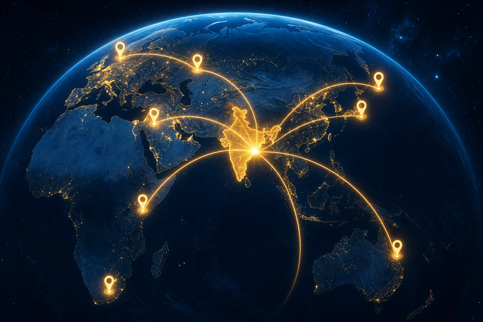 Global map showing CBREX's hiring network connecting India to key international markets including Japan, UAE, Germany, Argentina, Kenya, and South Korea