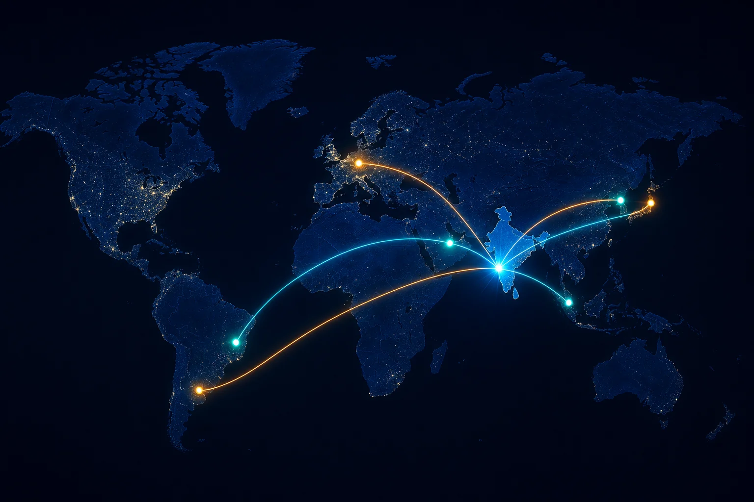 World map showing CBREX recruitment marketplace connecting India-headquartered companies to specialist agencies across Japan, UAE, Argentina, South Korea, Brazil, Germany, and Singapore