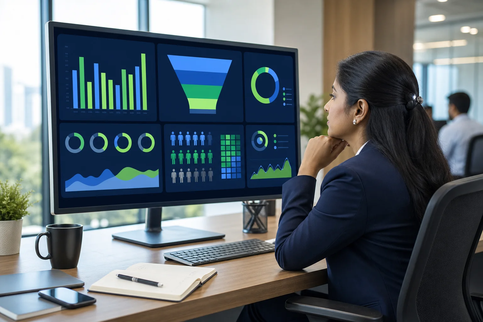 HR manager reviewing recruitment vendor performance dashboard with KPI metrics and analytics in an Indian corporate office