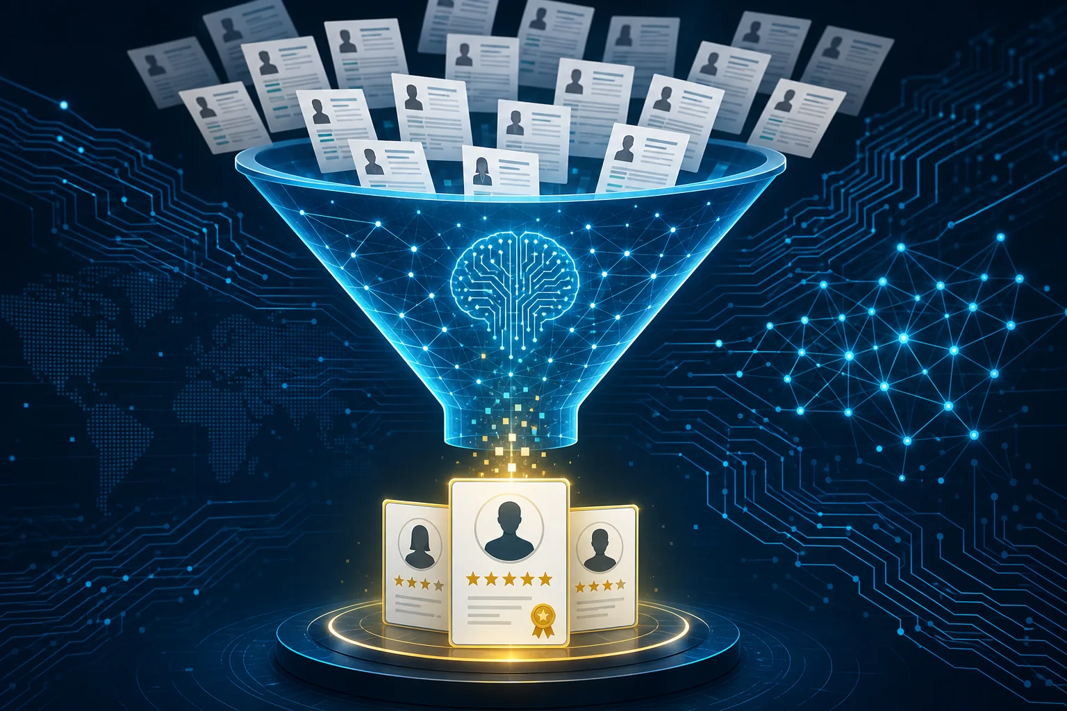 AI-powered candidate screening funnel showing automated resume ranking and shortlisting process