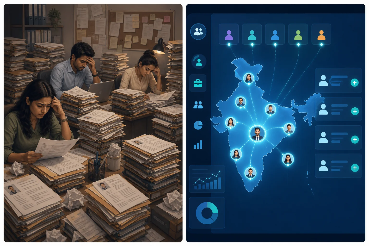 Overwhelmed small HR team versus a scalable digital recruitment network expanding across India to handle spiky hiring demand