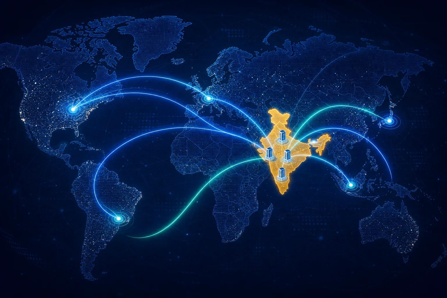 Map showing Indian companies hiring internationally across Japan, Germany, UAE, Brazil, Singapore, Kenya and other global markets through a recruitment marketplace