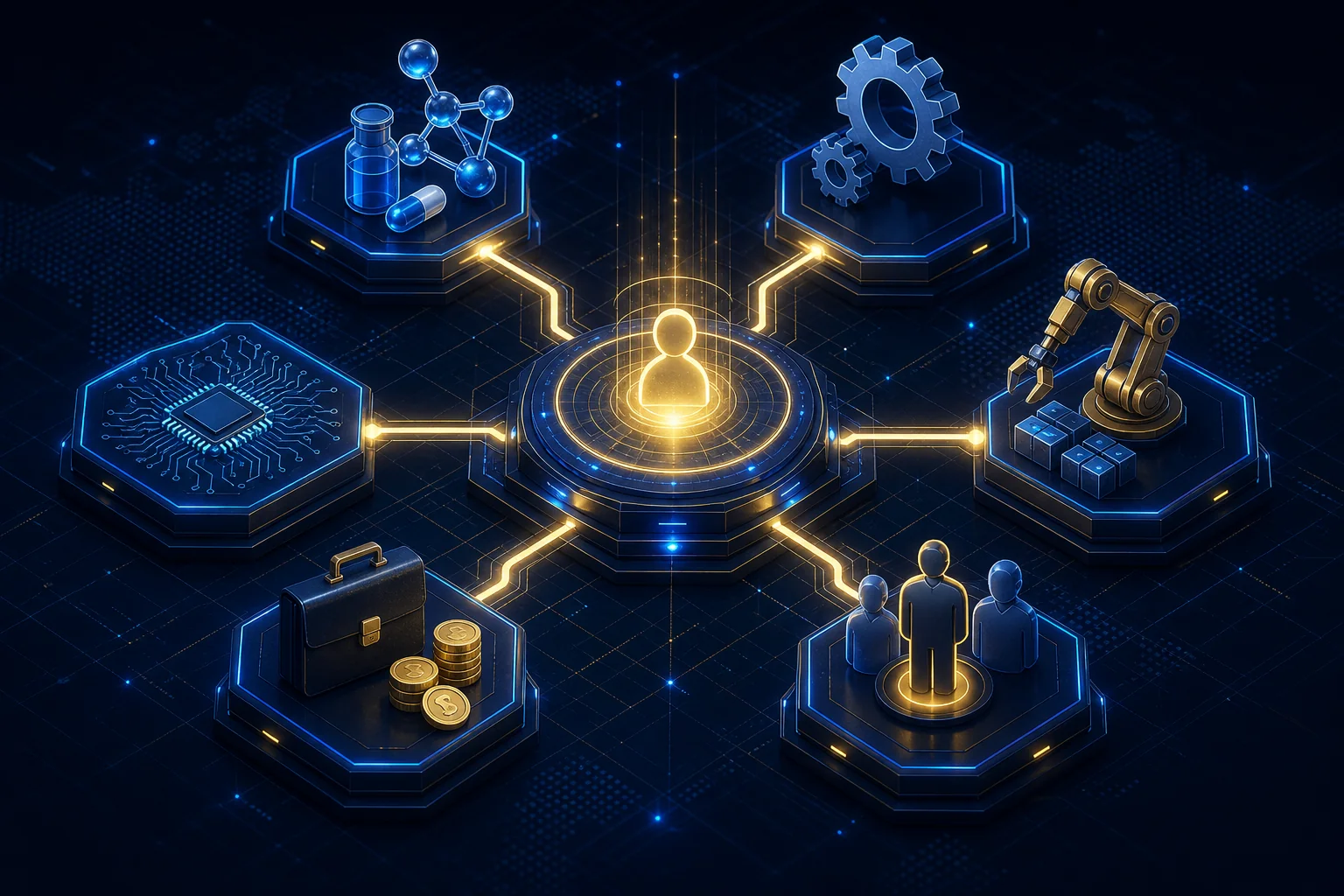 Specialist talent domains including pharma, engineering, technology, and manufacturing connected through a central recruitment marketplace hub