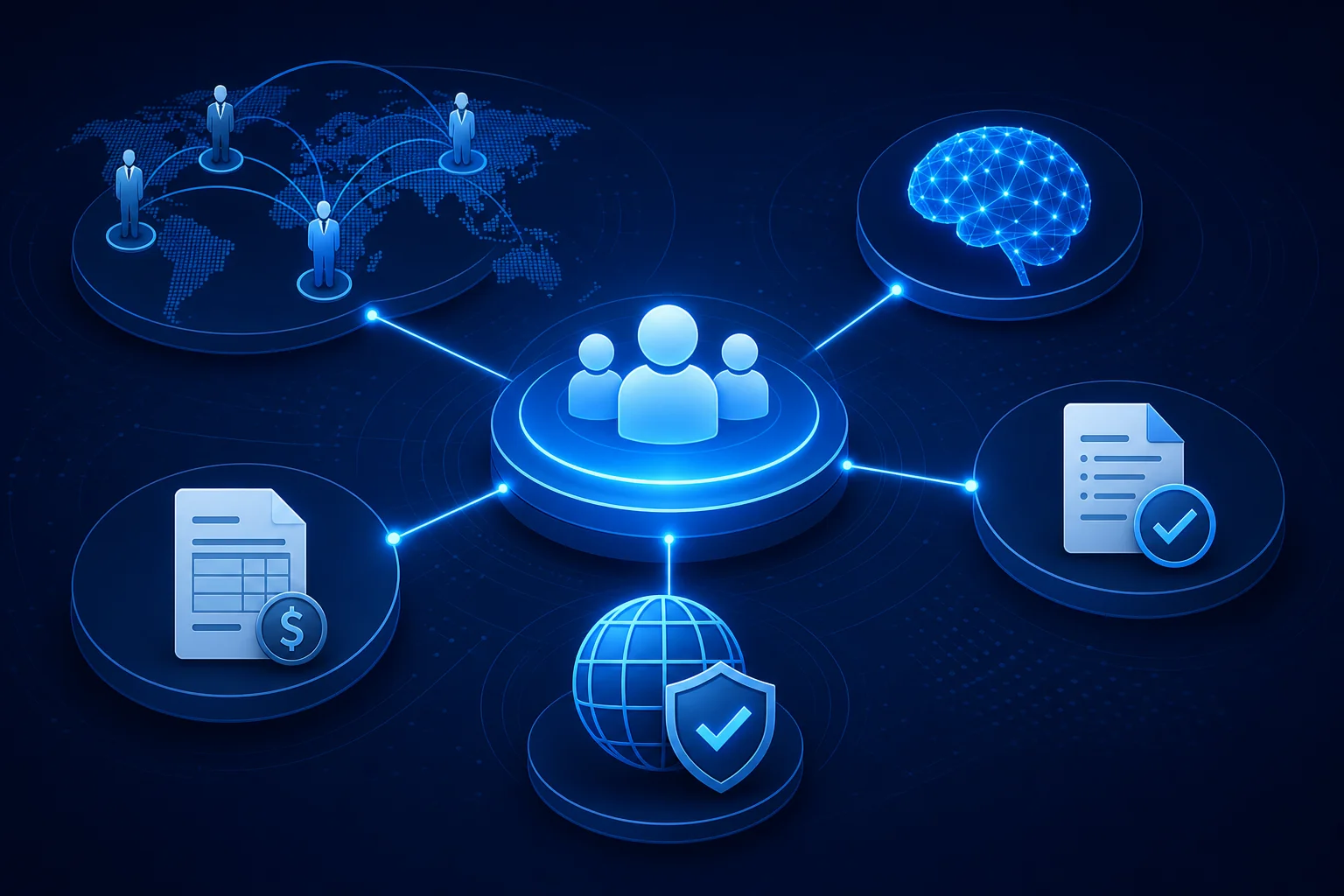 Hub-and-spoke diagram showing a single recruitment platform connecting employers to specialist agencies, AI matching, screening, and unified invoicing across multiple countries