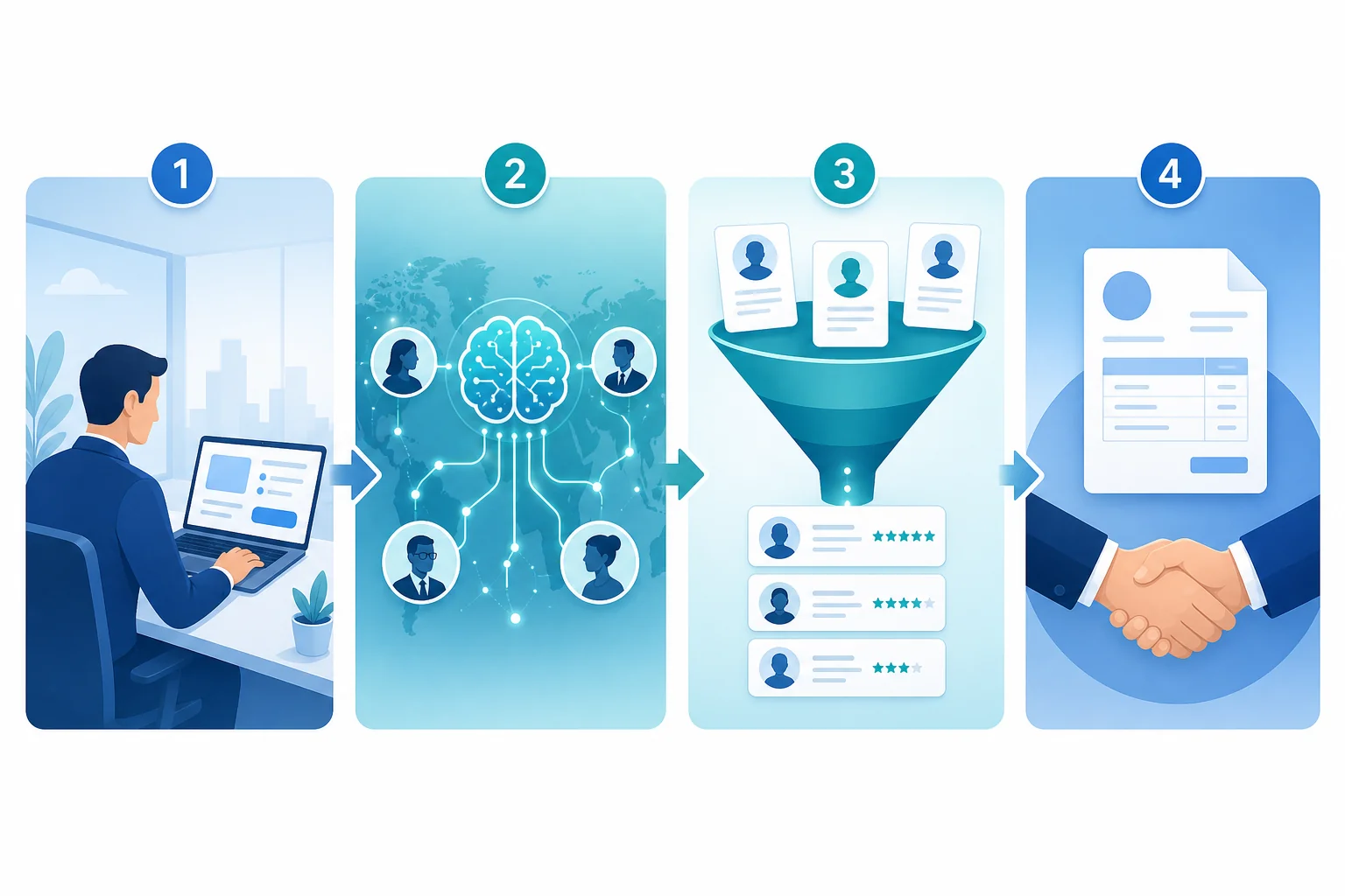 Workflow illustration showing how a job requirement flows through an AI recruitment platform, from posting to agency matching to candidate screening to a single invoice